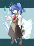  blue_eyes blue_hair copyright_request dress halo highres kugelschreiber looking_at_viewer smile solo sword weapon 