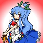  alternate_hairstyle blue_hair blush bow eruru_(erl) eruru_(pixiv356391) fang food frills fruit hair_ornament hands_on_hilt hinanawi_tenshi leaf long_skirt looking_at_viewer no_hat no_headwear open_mouth peach ponytail red_eyes short_sleeves simple_background skirt solo sword sword_of_hisou touhou weapon 