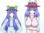  blue_hair blush bow breasts contemporary food fruit hat hat_bow hinanawi_tenshi large_breasts leaf long_hair long_sleeves looking_at_viewer mamedenchi multiple_girls nagae_iku peach purple_hair red_eyes ribbed_sweater short_hair simple_background smile sweater touhou very_long_hair 