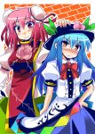  bandage bandages blue_hair blush bow china_dress chinese_clothes double_bun flower food fruit hat hinanawi_tenshi ibaraki_kasen leaf long_hair multiple_girls peach petting pink_eyes pink_hair rose short_hair short_sleeves smile tokiniwa touhou yellow_eyes 