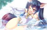  black_hair blush cat_ears elbow_gloves elin elin_(tera) gloves hlz one-piece_swimsuit open_mouth swimsuit tail tera_(game) tera_online water wink yellow_eyes 