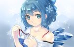  bare_shoulders blue_eyes blue_hair bow breasts cirno cleavage collarbone dress_shirt face hair_bow light_smile looking_at_viewer off_shoulder ryou_(effort) shirt short_hair smile snowflakes solo strap_slip touhou undressing white_shirt wings 