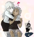  2girls black_hair blue_eyes child dark_skin eyepatch heart hug hug_from_behind johnathan_mar jormungand keith8387 koko_hekmatyar long_hair multiple_girls pale_skin red_eyes scar shorts simple_background smile sofia_valmer white_background white_hair wink 