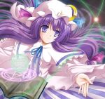  blush book capelet crescent hat long_hair long_sleeves magic_circle patchouli_knowledge purple_eyes purple_hair smile solo touhou very_long_hair violet_eyes wide_sleeves yamu_(reverse_noise) 