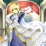  :o adapted_costume ahoge armor armored_dress blonde_hair caliburn cape crown fate/stay_night fate_(series) faulds frills gauntlets green_eyes hair_ribbon highres kiryu-1003 lion mini_crown puffy_sleeves ribbon saber sheath sheathed solo sword weapon 