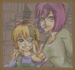  2girls bad_id blonde_hair blue_eyes chrono_cross cracked cracked_glass envious_(artist) glasses grin hair_ribbon hand_on_shoulder kid_(chrono_cross) looking_at_viewer lucca_ashtear multiple_girls open_mouth photo_(object) picture_frame purple_hair ribbon short_hair smile v 
