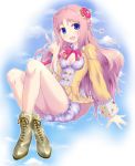  atelier atelier_meruru bare_legs bloomers blue_eyes boots crown flower hair_ornament kusaka_maichi long_hair long_sleeves merurulince_rede_arls pink_hair ribbon sky smile v xsaka_mighty 