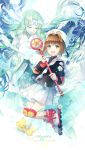  1girl angel_wings blush brown_hair card_captor_sakura clow ekira_nieto green_eyes hat highres kero kinomoto_sakura long_hair mirror_(clow_card) open_mouth pointy_ears roller_skates school_uniform skates skirt smile stick stuffed_toy wings 