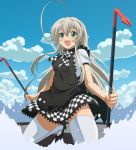  1girl ahoge blue_sky blush clouds crowbar dual_wielding green_eyes haiyore!_nyaruko-san john_shiden long_hair nyarlathotep_(nyaruko-san) open_mouth puffy_sleeves short_sleeves silver_hair sky solo thigh-highs very_long_hair weapon white_legwear 