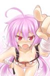  ahoge bandages bent_over blush breasts cleavage down_blouse fang fingernails hand_on_hip leaning_forward long_hair looking_at_viewer okitakung open_mouth original panties pink_hair pointing pointing_at_viewer purple_hair red_eyes solo striped striped_panties tears underwear 