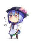 &gt;:) alternate_hair_length alternate_hairstyle blue_hair blush_stickers boots bow chibi food fruit hands_on_hips hat hinanawi_tenshi leaf peach puffy_sleeves red_eyes shinbasaki short_hair short_sleeves simple_background smile solo standing thigh_boots thighhighs touhou white_background 