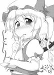  ascot blush bow bust crystal flandre_scarlet food geshopu hat hat_bow monochrome plate pudding short_hair short_sleeves side_ponytail solo spoon tears touhou vampire wings 