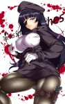  belt black_hair black_legwear black_panties blood breasts erect_nipples eyepatch gloves gun handgun hat highres holding holster izayoi_kaname large_breasts legs long_hair looking_back miniskirt mole original panties panties_under_pantyhose pantyhose pantyshot peaked_cap purple_eyes purple_hair skirt solo thick_thighs thigh_holster thigh_strap thighs underwear uniform upskirt violet_eyes weapon white_gloves 