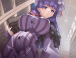  1girl blue_eyes book bookshelf bow breasts curvy frills from_below hat huge_breasts library long_hair long_sleeves patchouli_knowledge purple_hair shishamo@ solo touhou very_long_hair voile 