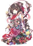  3girls ;q animal_ears black_hair blush_stickers brown_hair bull butterfly_hair_ornament cat copyright_request dog_ears earrings fan fish gloves guitar hair_ornament hairclip holding horns instrument japanese_clothes japanese_flag jewelry kimono kneeling looking_at_viewer mikoto_akemi multiple_boys multiple_girls red_eyes sitting star tongue v white_gloves white_hair wink 