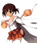  bad_id brown_eyes brown_hair flame hakama_skirt japanese_clothes miko no_bra no_panties oimu open_clothes saki short_hair solo tan tanline thigh-highs thighhighs topless twintails usuzumi_hatsumi white_legwear 