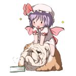  :d animal bat_wings blush book chibi dog hand_on_own_face hat hat_ribbon open_mouth purple_hair remilia_scarlet ribbon sitting smile solid_oval_eyes solo sparkle touhou uhhohho wings 