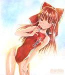  bare_shoulders bow brown_hair competition_swimsuit hair_bow hair_tubes hakurei_reimu long_hair looking_at_viewer mayo_riyo one-piece_swimsuit smile solo swimsuit teeth touhou traditional_media 