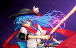  adapted_costume blue_hair flower hat highres hinanawi_tenshi judo_fuu jyudo_fu long_hair red_eyes red_scarf scarf simple_background smile solo sword sword_of_hisou touhou weapon 