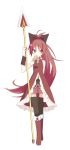  ahoge bare_shoulders black_legwear boots detached_sleeves food full_body highres knee_boots long_hair mahou_shoujo_madoka_magica mitsusaka_mitsumi mouth_hold polearm red_eyes red_hair redhead sakura_kyouko simple_background solo spear standing taiyaki thigh-highs thighhighs tsurime very_long_hair wagashi weapon white_background zettai_ryouiki 