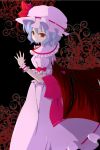  :o arm_up bat_wings black_background blouse bow eyelashes fingernails hat hat_ribbon highres kurohina00 lavender_hair looking_at_viewer looking_back nail_polish open_hand puffy_sleeves red_eyes remilia_scarlet ribbon short_hair short_sleeves skirt solo touhou wings wrist_cuffs 