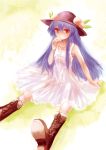  blue_hair contemporary cross-laced_footwear food fruit hal360 hat hinanawi_tenshi leaf long_hair peach red_eyes simple_background solo touhou 