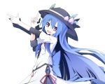  adapted_costume bad_id blue_hair bow food fruit hat hinanawi_tenshi ichiyan leaf long_hair open_mouth peach red_eyes ribbon simple_background solo touhou very_long_hair 