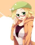  :d arm_up bel_(pokemon) blonde_hair blush bow breasts collarbone glasses green_eyes hat hoodie large_breasts looking_at_viewer nitoridio open_mouth pokemon pokemon_(game) pokemon_bw pokemon_bw2 red-framed_glasses semi-rimless_glasses short_hair smile solo 