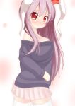  animal_ears blush breasts bunny_ears chimunge long_hair pink_hair rabbit_ears red_eyes reisen_udongein_inaba skirt solo sweater thigh-highs thighhighs touhou white_background white_legwear 