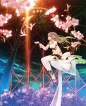  1girl animal_ears bare_shoulders bird blue_eyes breasts brown_hair cherry_blossoms ciel_nosurge cleavage dress flower halter_top halterneck ionasol jewelry long_hair midriff navel no_socks pendant petals sandals sitting solo surge_concerto thighhighs toeless_legwear tree white_legwear 