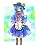  blue_hair blush bow clown_222 cross-laced_footwear food frills fruit hands_clasped hat highres hinanawi_tenshi leaf long_hair long_skirt peach red_eyes short_sleeves skirt solo touhou very_long_hair 