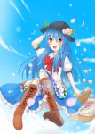 basket blue_hair blush bow cloud clouds cross-laced_footwear flying food frills fruit hat hinanawi_tenshi leaf long_hair long_skirt open_mouth peach petals red_eyes short_sleeves sitting skirt sky solo touhou very_long_hair yosshii_(ropichan2)