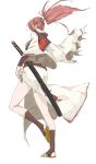  1girl amputee baiken from_behind guilty_gear japanese_clothes kamei_(kameikai1) kataginu kimono long_hair obi pink_hair ponytail sandals sheath sheathed solo toeless_socks torn_sleeve 