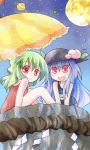  ayumi_tooru blue_hair contemporary food fruit green_hair hat hinanawi_tenshi kazami_yuuka keystone leaf long_hair moon multiple_girls night open_mouth peach pink_eyes planet red_eyes rock rope school_swimsuit sky smile star swimsuit touhou umbrella very_long_hair 