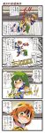  4koma bikini_top blonde_hair blue_legwear blush brown_hair clenched_teeth closed_eyes comic crowd dei_shirou detached_sleeves frog_hair_ornament green_eyes green_hair grin hair_ornament highres kochiya_sanae leg_lock long_hair midriff multicolored_hair multiple_girls navel pantyhose shirt short_hair skirt smile tiger_print toramaru_shou touhou translated translation_request two-tone_hair wrestling_outfit wrestling_ring yellow_eyes 