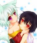  animal_ears bare_shoulders black_hair breasts cleavage collarbone highres inubashiri_momiji japanese_clothes kotarou_(yukina1721) multiple_girls purple_eyes red_eyes shameimaru_aya simple_background tail touhou violet_eyes wolf_ears wolf_tail yuri 