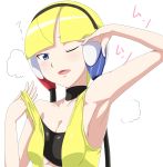  armpits blonde_hair blue_eyes breasts bust choker cleavage headphones hot kamitsure_(pokemon) pokemon pokemon_(game) pokemon_bw ribonzu solo sweat wink 