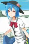 alternate_hair_length alternate_hairstyle blue_hair blush bow cloud clouds collarbone curtsey food frills fruit hat hinanawi_tenshi ibuki_notsu leaf long_skirt notsugimi peach red_eyes short_hair short_sleeves skirt skirt_hold sky smile solo touhou