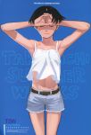  absurdres armpits arms_up black_hair camisole cleavage closed_eyes copyright_request eyes_closed highres midriff navel scan short_hair shorts solo takamichi 