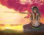  502 blue_hair bow cloud clouds dusk food fruit grass hat highres hinanawi_tenshi leaf light_smile long_hair long_skirt peach red_eyes short_sleeves skirt sky smile solo sun sword sword_of_hisou touhou very_long_hair weapon 