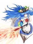  bow cross-laced_footwear food fruit hat highres hinanawi_tenshi kagikakko leaf long_hair looking_at_viewer open_mouth peach red_eyes short_sleeves simple_background solo sword sword_of_hisou touhou very_long_hair weapon 