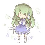 blush_stickers chibi closed_eyes detached_sleeves eyes_closed frills frog hair_ornament hair_tubes kochiya_sanae long_hair open_mouth sato_imo simple_background skirt solo star touhou very_long_hair