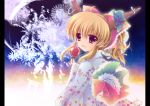  ahoge alternate_hairstyle blonde_hair bow candy candy_apple contemporary enjoy_mix fang fireworks food frills fruit gradient_eyes hair_bow horns ibuki_suika japanese_clothes kimono long_sleeves looking_at_viewer multicolored_eyes night open_mouth ponytail solo touhou wide_sleeve wide_sleeves 