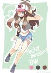  baseball_cap blue_eyes brown_hair denim denim_shorts hat long_hair midriff navel nearlake pokemon pokemon_(game) pokemon_bw ponytail seo_tatsuya shorts solo touko_(pokemon) vest wink 