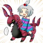  blush_stickers chibi dress hair_ornament homika_(pokemon) motsu_(selshia12) open_mouth pokemon pokemon_(game) pokemon_bw2 scolipede silver_hair smile solo topknot 