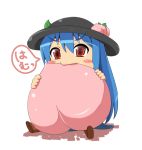  amau_(artist) blue_hair blush_stickers chibi eating food fruit hat hinanawi_tenshi leaf long_hair peach red_eyes simple_background solo touhou translation_request very_long_hair 
