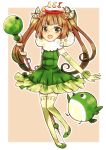  1girl :o absurdres artist_request bird brown_hair character_request dress elbow_gloves food food_themed_clothes fruit gloves green_eyes hair_ornament highres lime_(fruit) long_hair magical_girl masaki_natsume open_mouth original pigeon-toed sepia_background shoes sleeveless solo staff star star-shaped_pupils symbol-shaped_pupils thigh-highs thighhighs twintails yellow_legwear zettai_ryouiki 