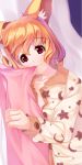  absurdres animal_ears blonde_hair buttons fox_ears highres looking_at_viewer lying on_side original pajamas pillow pillow_bite red_eyes short_hair sideways smile solo unbuttoned yuuji_(yukimimi) 