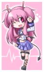  ;d angel_beats! demon_tail fang kugelschreiber long_hair open_mouth pink_background pink_eyes pink_hair school_uniform smile solo tail two_side_up very_long_hair wink yui_(angel_beats!) 