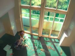  arm_support bare_shoulders brown_hair feet_in_water fish fisheye flower goldfish hair_flower hair_ornament looking_away original short_hair sitting skirt soaking_feet solo sylphielmetallium water watermark window 